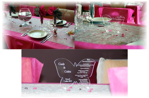 décoration de salle thème papillon avec menu mariage en forme de papillon gravé 