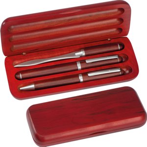 Parure gravée bois rouge stylos bille, plume et coupe-papier