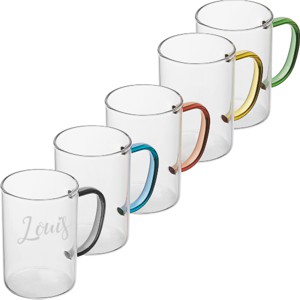 Tasse personnalisée en verre avec poignée colorée