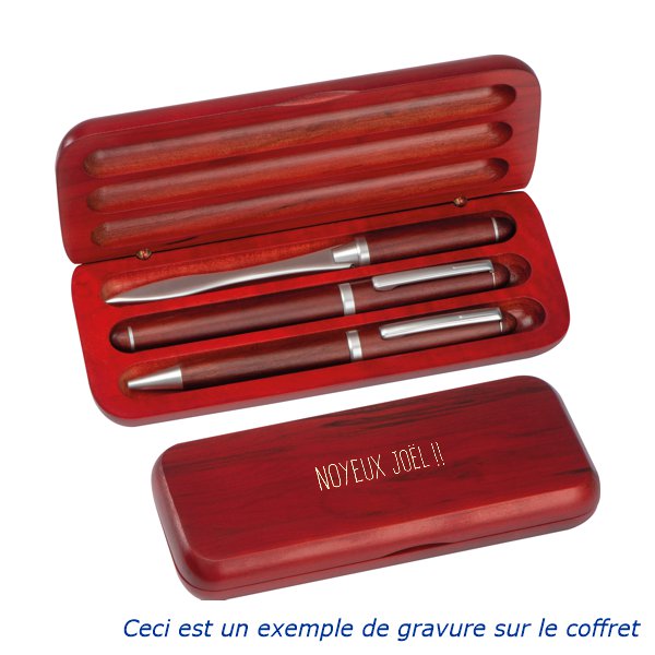 Parure gravée bois rouge stylos bille, plume et coupe-papier