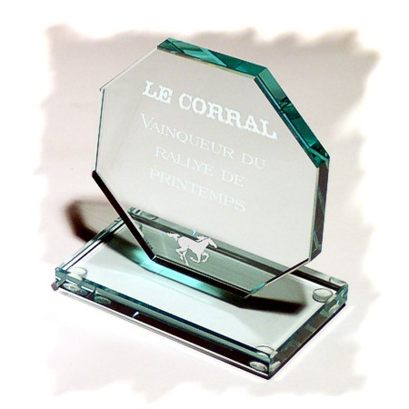 Trophée en verre à personnaliser. Plaque de verre bleuté épaisse